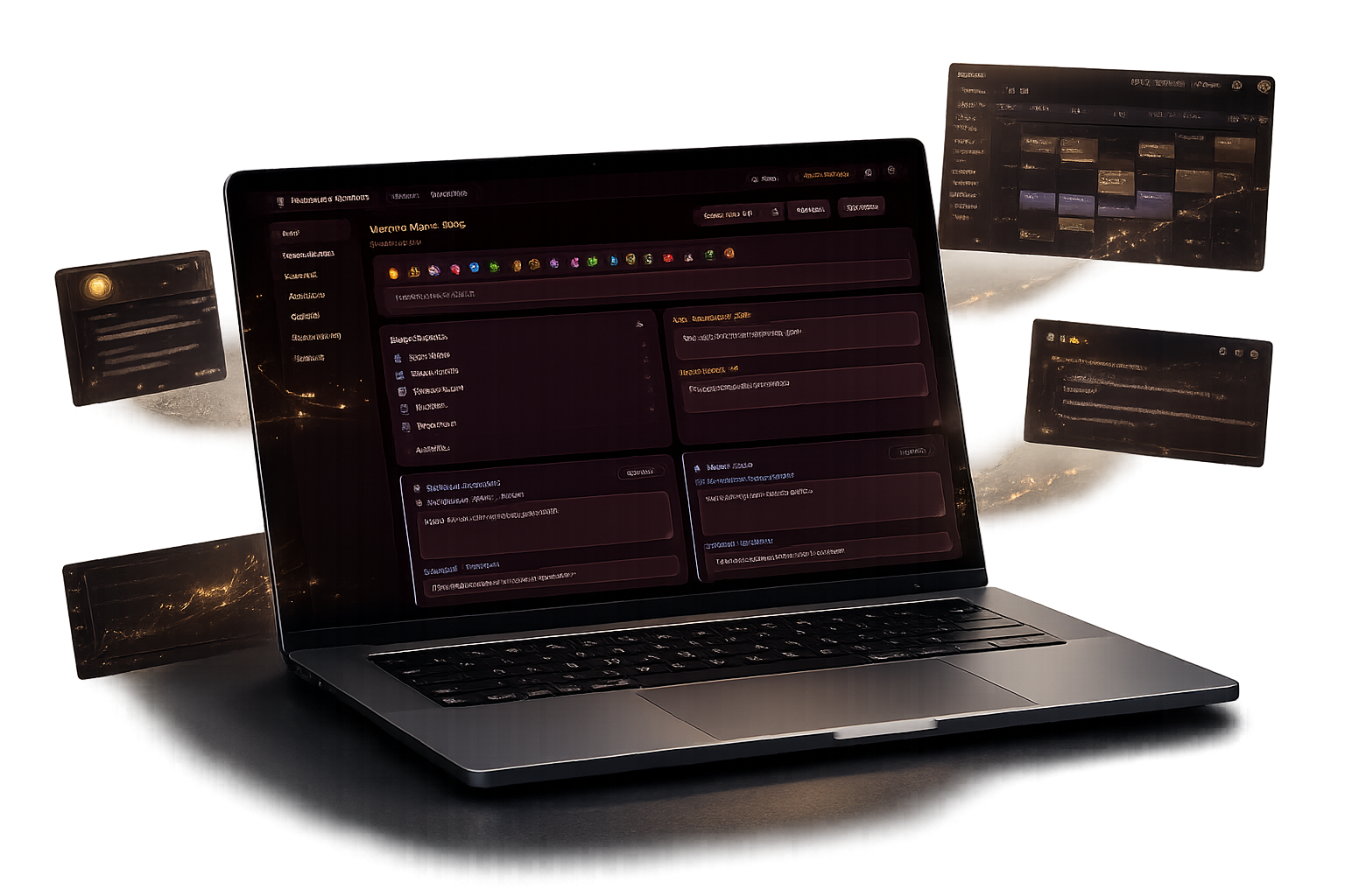 The I.M. Second Brain — laptop showing Daily Pillar Pages with floating calendar, AI Coach, and financial pulse panels