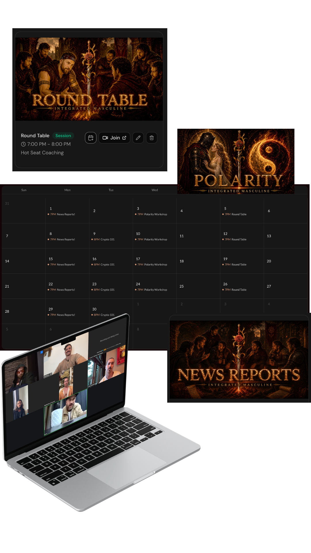 Composite of Brotherhood weekly calls — Round Table, Polarity, News Reports — alongside the calendar and a live zoom call