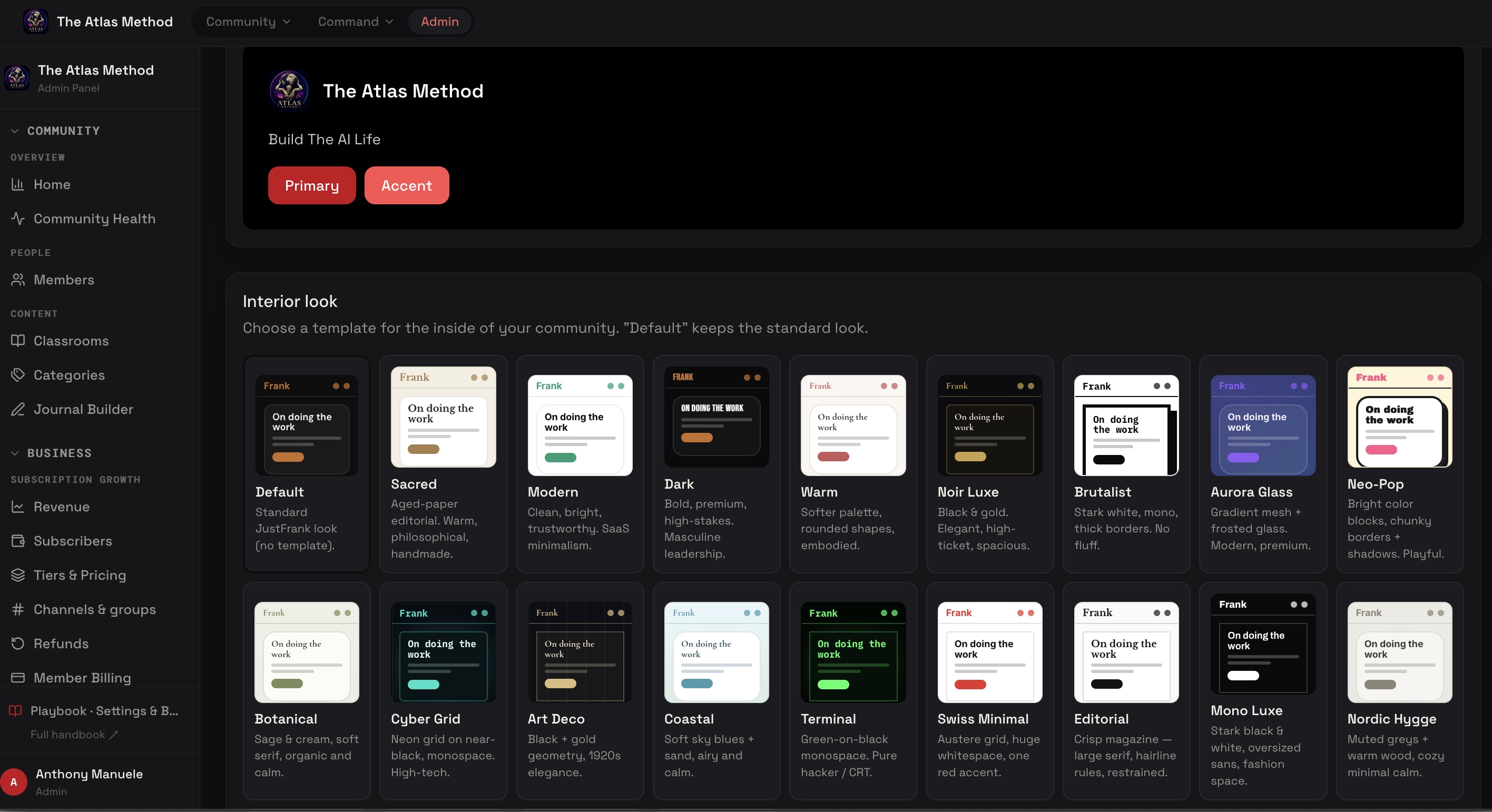 The theme library in the admin panel, a gallery of interior looks (Sacred, Modern, Noir Luxe, Brutalist…) for your community