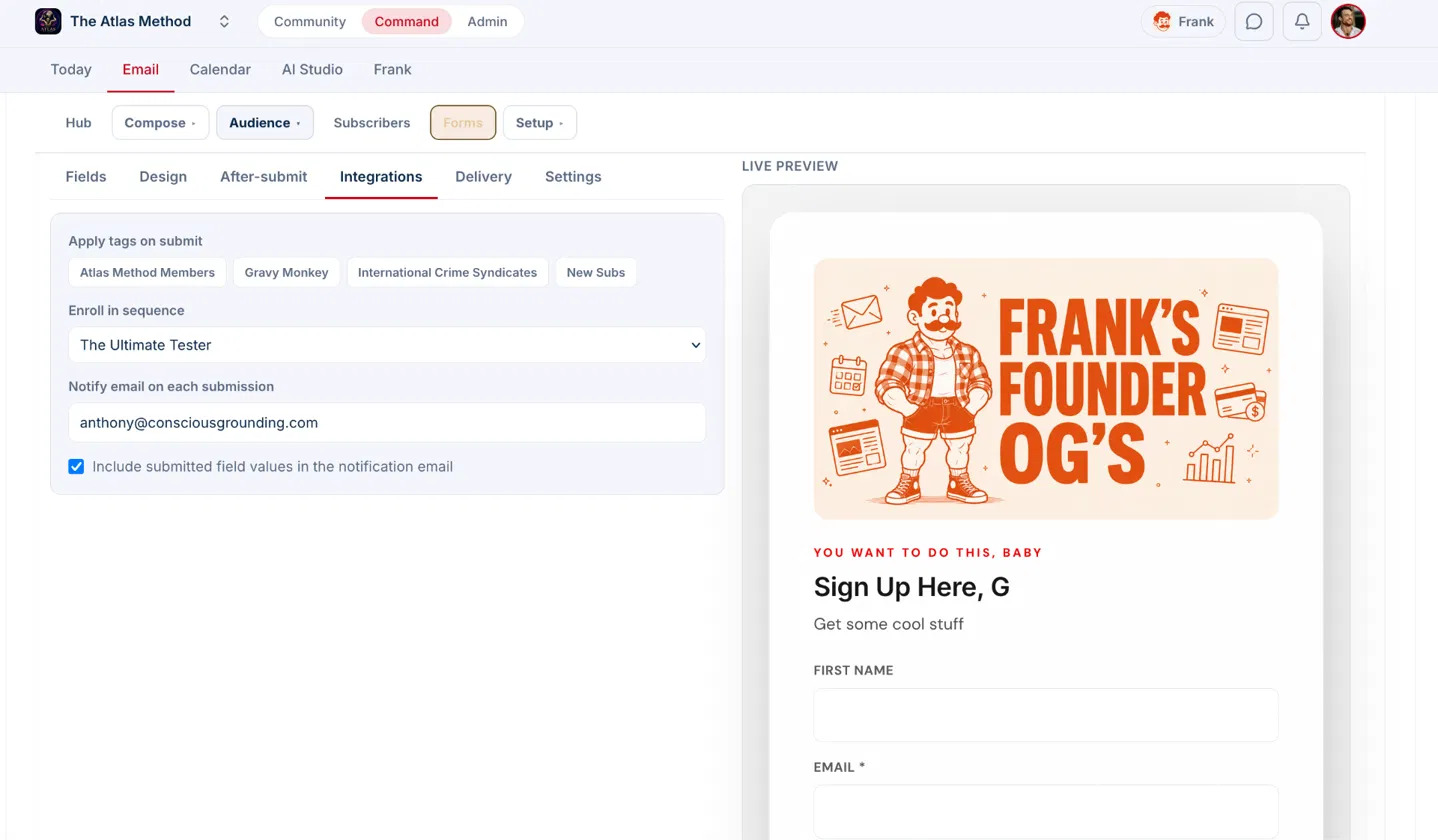 The email forms builder with a live preview